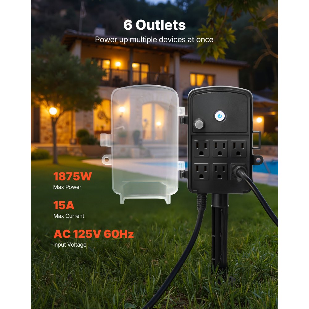 VEVOR Outdoor Power Stake, 50 FT Extension Cord, Outdoor Power Strip Weatherproof with Cover and Overload Protection, 6 Outlets, 15A/1875W, Waterproof Multi-Outlet Yard Stake for Christmas Lights