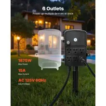 VEVOR Outdoor Power Stake, 50 FT Extension Cord, Outdoor Power Strip Weatherproof with Cover and Overload Protection, 6 Outlets, 15A/1875W, Waterproof Multi-Outlet Yard Stake for Christmas Lights