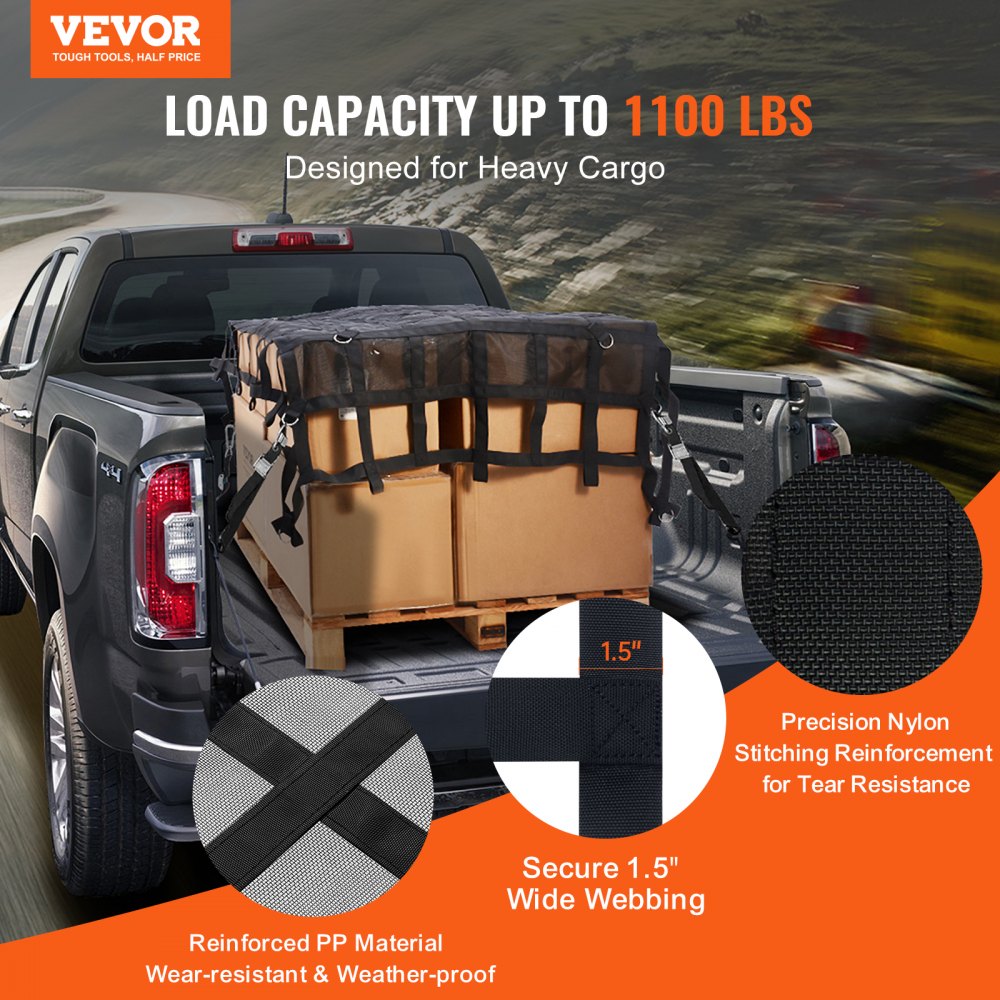 VEVOR Cargo Net, 72 in x 57 in, Heavy Duty Truck Cargo Net for Truck Bed, 4 Adjustable Straps with Carabiners & S-Hooks, Wear-resistant & Weather-proof, Suitable for Pickup, Truck, Jeep, SUV, Boat