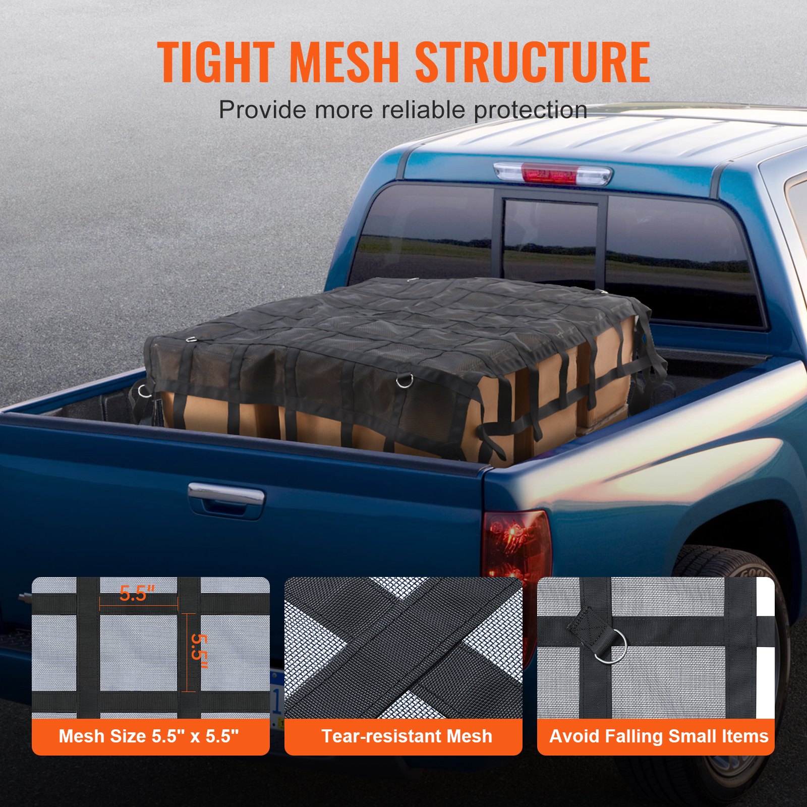 VEVOR Cargo Net, 72 in x 57 in, Heavy Duty Truck Cargo Net for Truck Bed, 4 Adjustable Straps with Carabiners & S-Hooks, Wear-resistant & Weather-proof, Suitable for Pickup, Truck, Jeep, SUV, Boat