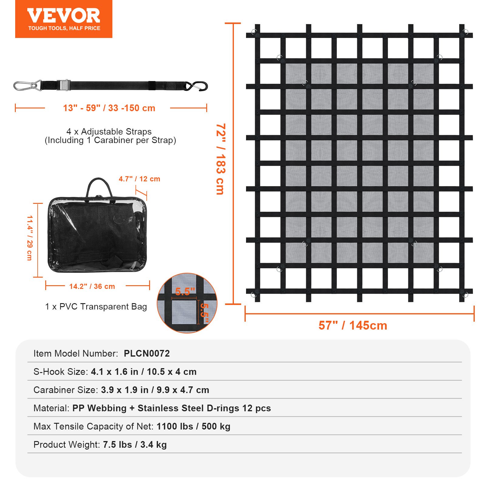 VEVOR Cargo Net, 72 in x 57 in, Heavy Duty Truck Cargo Net for Truck Bed, 4 Adjustable Straps with Carabiners & S-Hooks, Wear-resistant & Weather-proof, Suitable for Pickup, Truck, Jeep, SUV, Boat