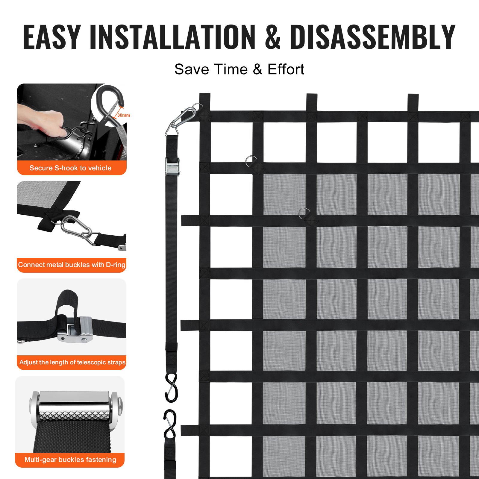 Nákladná sieť VEVOR, 72 palcov x 57 palcov, ťažká nákladná sieť na korbu nákladného auta, 4 nastaviteľné popruhy s karabínami a S-hákmi, odolná voči opotrebovaniu a poveternostným vplyvom, vhodná pre pickup, nákladné auto, džíp, SUV, loď