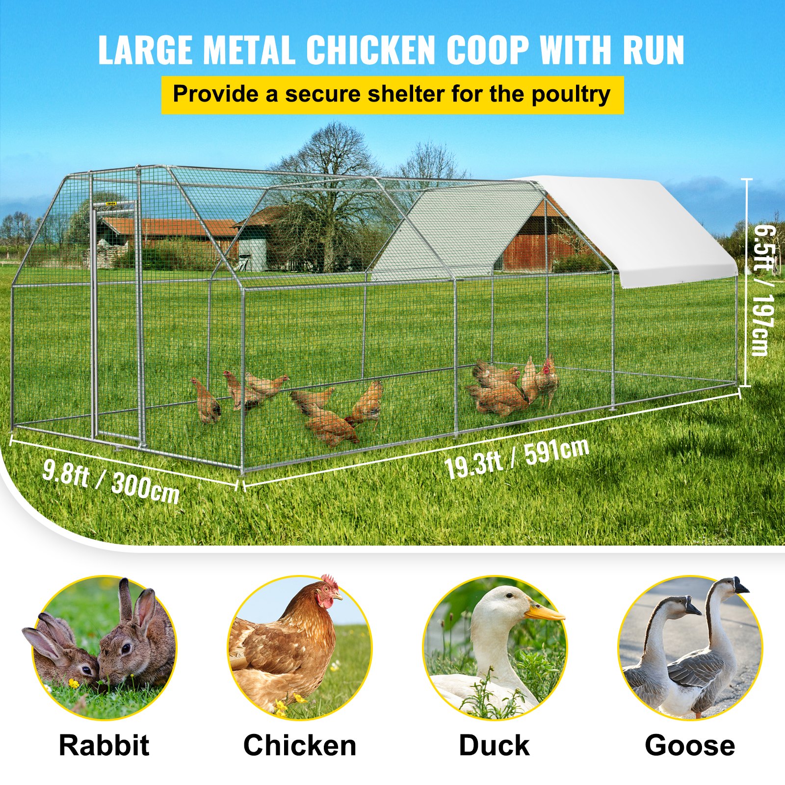 VEVOR Large Metal Chicken Coop Hen Run House Flat Walk-in Cage 19.3x9.8x6.5 ft.