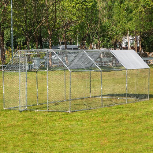 VEVOR Metal Chicken Coop, 9.2'x18.4'x6.4' Large Walk-in Hen House with Cover, Galvanized Steel Poultry Run Extension with Lockable Door, Flat Roof Enclosure Cage for Hen Duck Rabbit Dog in Yard Farm