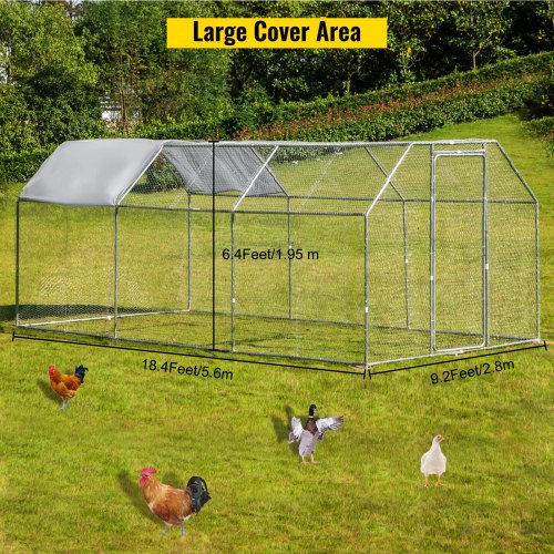VEVOR Metal Chicken Coop, 9.2'x18.4'x6.4' Large Walk-in Hen House with Cover, Galvanized Steel Poultry Run Extension with Lockable Door, Flat Roof Enclosure Cage for Hen Duck Rabbit Dog in Yard Farm