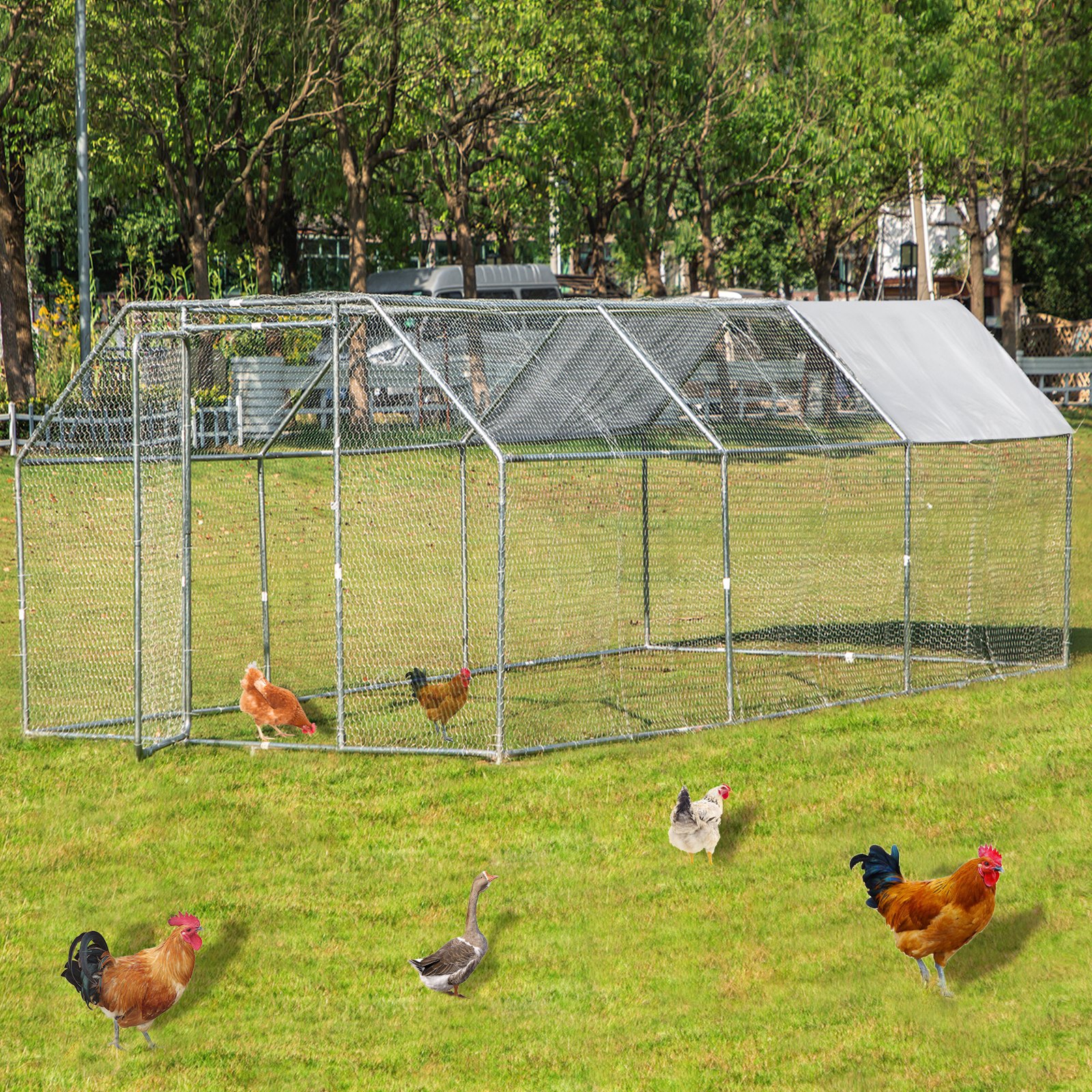 VEVOR 2.8x5.6M Metal Chicken Coop Walk-in Cage Large Run House Shade Flat Roof
