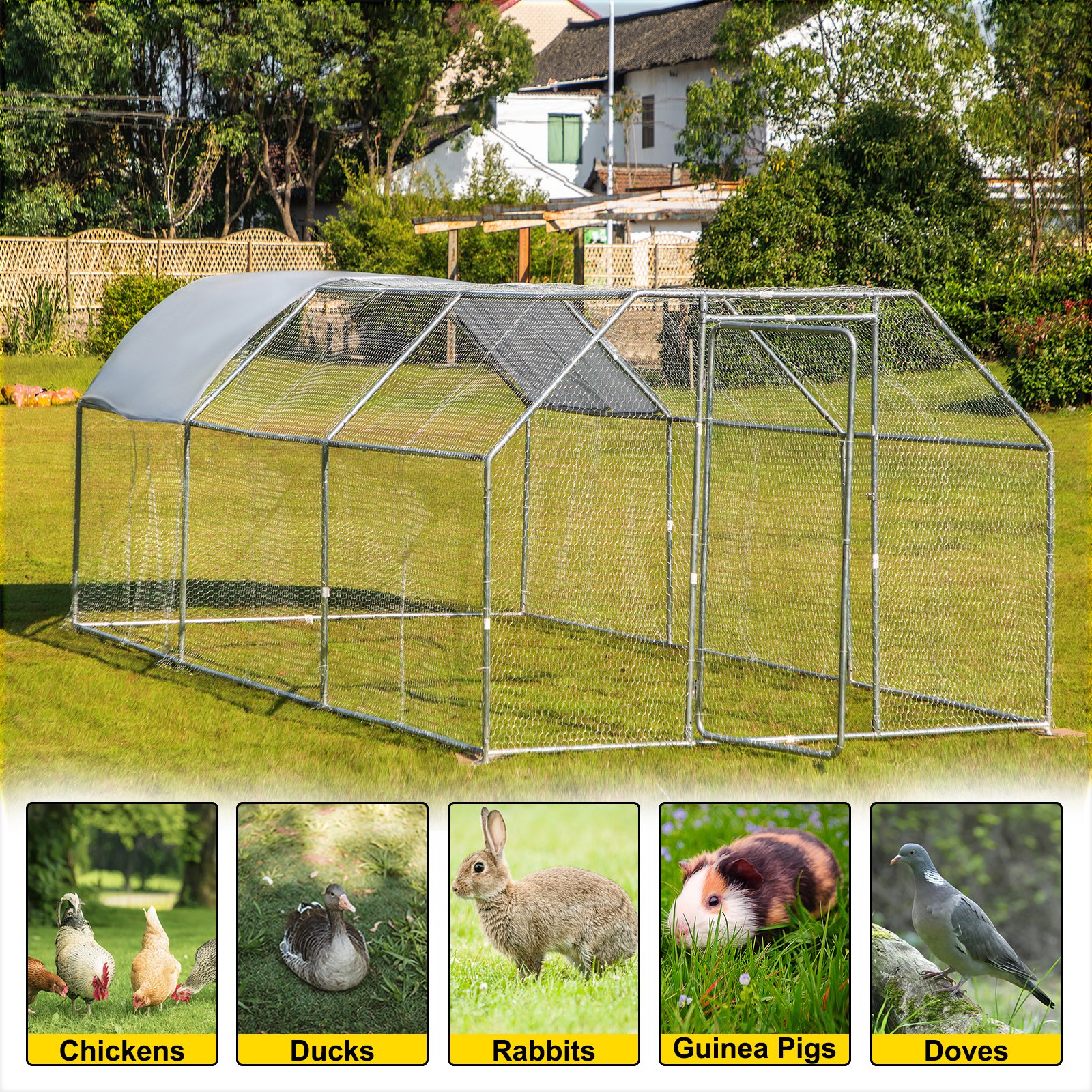 VEVOR 2.8x5.6M Metal Chicken Coop Walk-in Cage Large Run House Shade Flat Roof