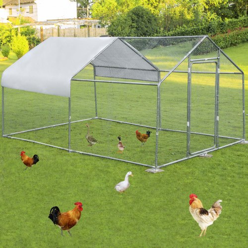 VEVOR Metal Chicken Coop, 10'x13'x6.4' Large Walk-in Hen House with Cover, Galvanized Steel Poultry Run Extension with Lockable Door, Flat Roof Enclosure Cage for Hen Duck Rabbit Dog in Yard Farm