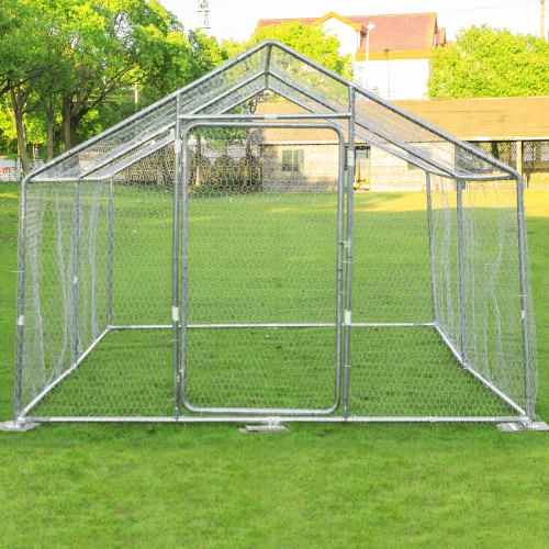 VEVOR Metal Chicken Coop, 10'x13'x6.4' Large Walk-in Hen House with Cover, Galvanized Steel Poultry Run Extension with Lockable Door, Flat Roof Enclosure Cage for Hen Duck Rabbit Dog in Yard Farm