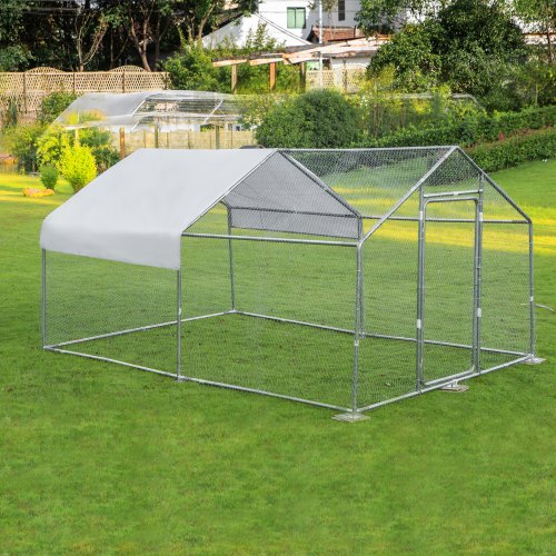 VEVOR Metal Chicken Coop, 10'x13'x6.4' Large Walk-in Hen House with Cover, Galvanized Steel Poultry Run Extension with Lockable Door, Flat Roof Enclosure Cage for Hen Duck Rabbit Dog in Yard Farm