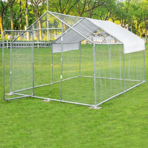 VEVOR Metal Chicken Coop, 10'x13'x6.4' Large Walk-in Hen House with Cover, Galvanized Steel Poultry Run Extension with Lockable Door, Flat Roof Enclosure Cage for Hen Duck Rabbit Dog in Yard Farm