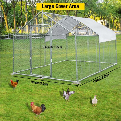 VEVOR Metal Chicken Coop, 10'x13'x6.4' Large Walk-in Hen House with Cover, Galvanized Steel Poultry Run Extension with Lockable Door, Flat Roof Enclosure Cage for Hen Duck Rabbit Dog in Yard Farm