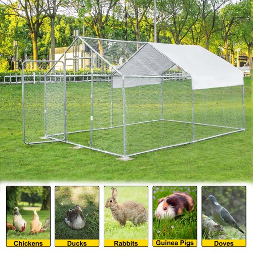 VEVOR Metal Chicken Coop, 10'x13'x6.4' Large Walk-in Hen House with Cover, Galvanized Steel Poultry Run Extension with Lockable Door, Flat Roof Enclosure Cage for Hen Duck Rabbit Dog in Yard Farm