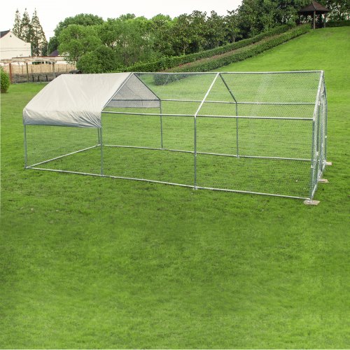 VEVOR Metal Chicken Coop, 10'x20'x6.4' Large Walk-in Hen House with Cover, Galvanized Steel Poultry Run Extension with Lockable Door, Flat Roof Enclosure Cage for Hen Duck Rabbit Dog in Yard Farm