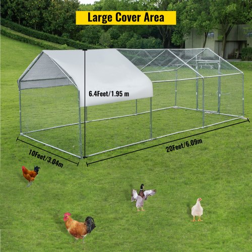 VEVOR Metal Chicken Coop, 10'x20'x6.4' Large Walk-in Hen House with Cover, Galvanized Steel Poultry Run Extension with Lockable Door, Flat Roof Enclosure Cage for Hen Duck Rabbit Dog in Yard Farm