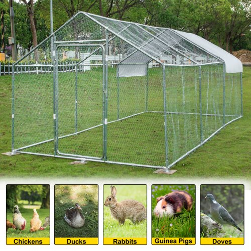 VEVOR Metal Chicken Coop, 10'x20'x6.4' Large Walk-in Hen House with Cover, Galvanized Steel Poultry Run Extension with Lockable Door, Flat Roof Enclosure Cage for Hen Duck Rabbit Dog in Yard Farm