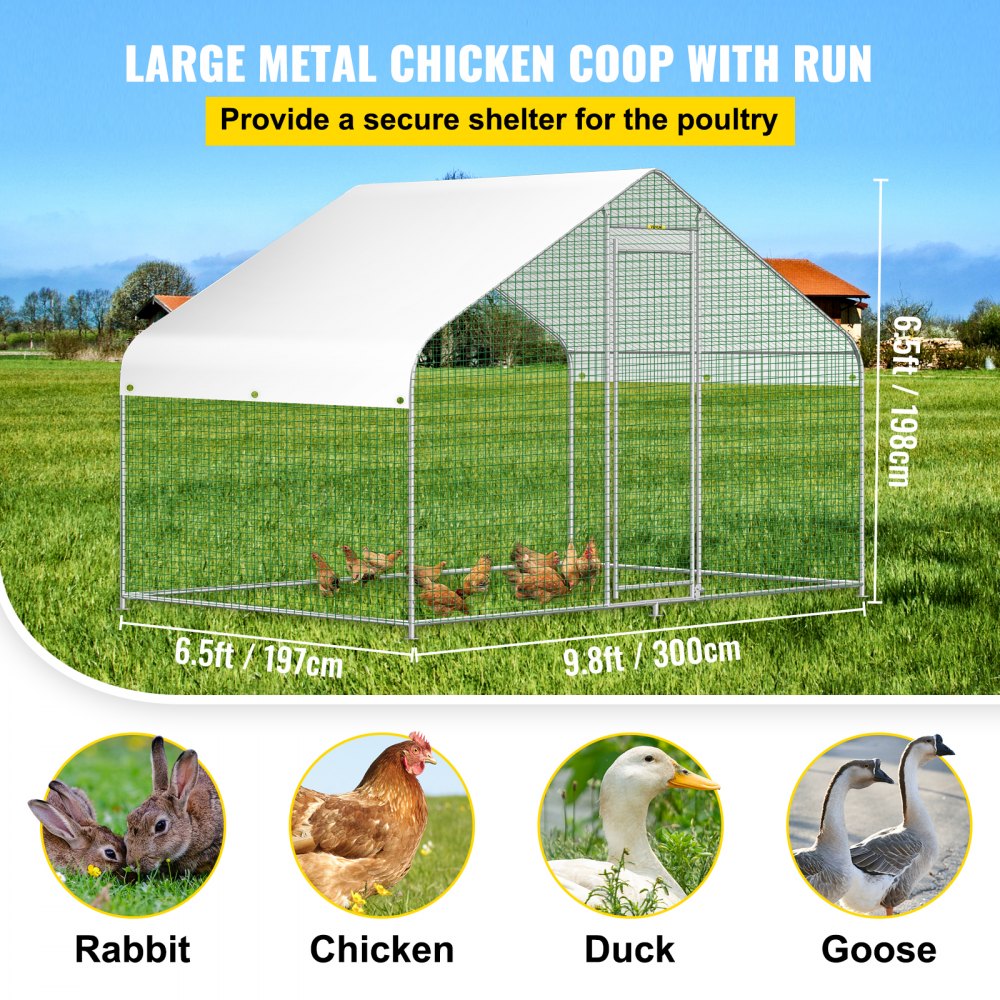 VEVOR Large Metal Chicken Coop Hen Run House Spire Walk-in Cage 6.5x9.8x6.5 ft.