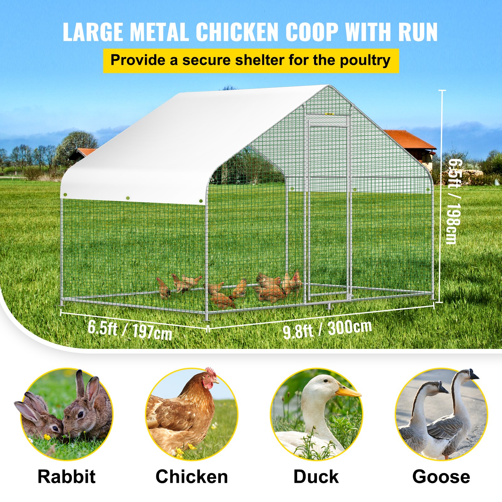 VEVOR Large Metal Chicken Coop Hen Run House Spire Walk-in Cage 6.5x9.8x6.5 ft.