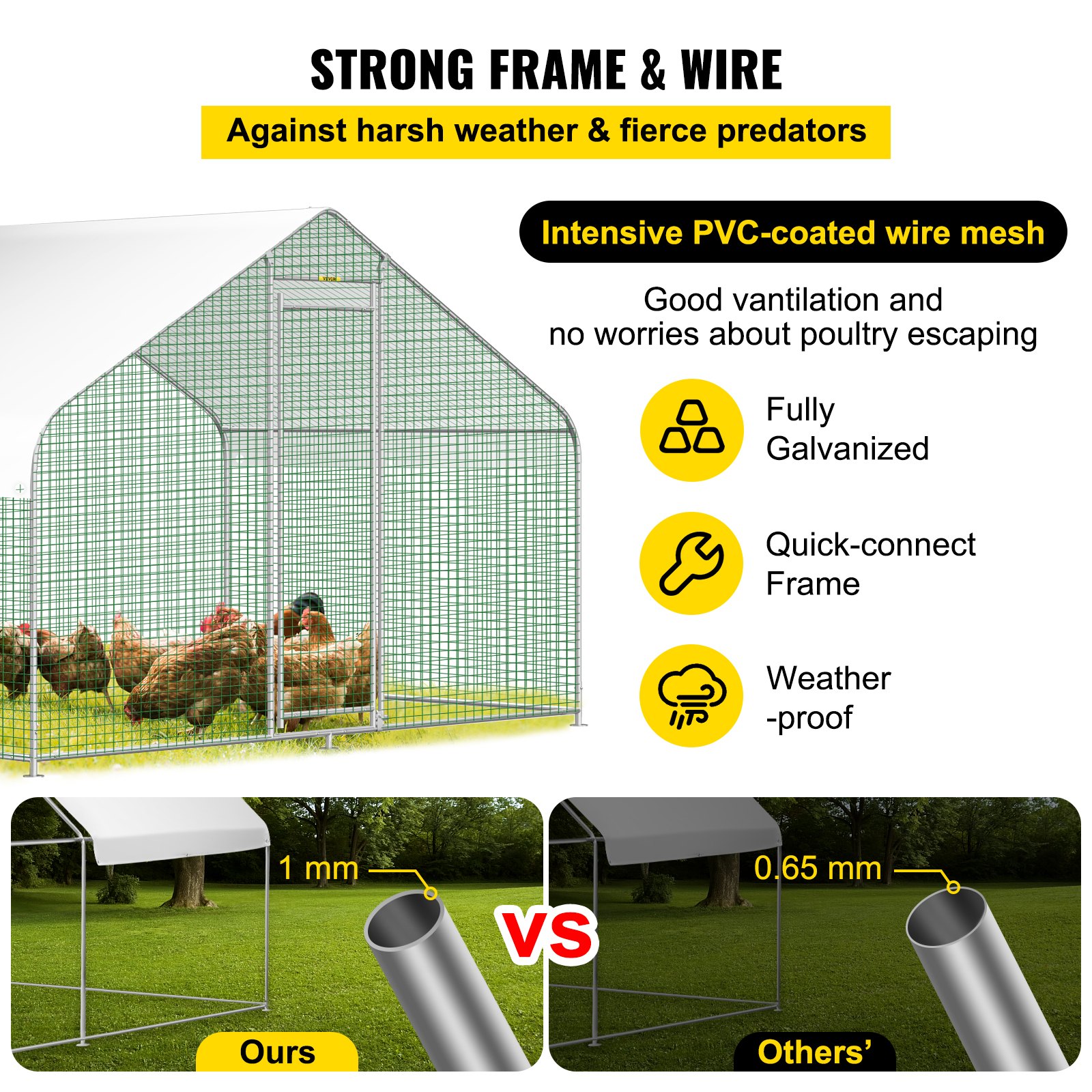 VEVOR Large Metal Chicken Coop Hen Run House Spire Walk-in Cage 6.5x9.8x6.5 ft.