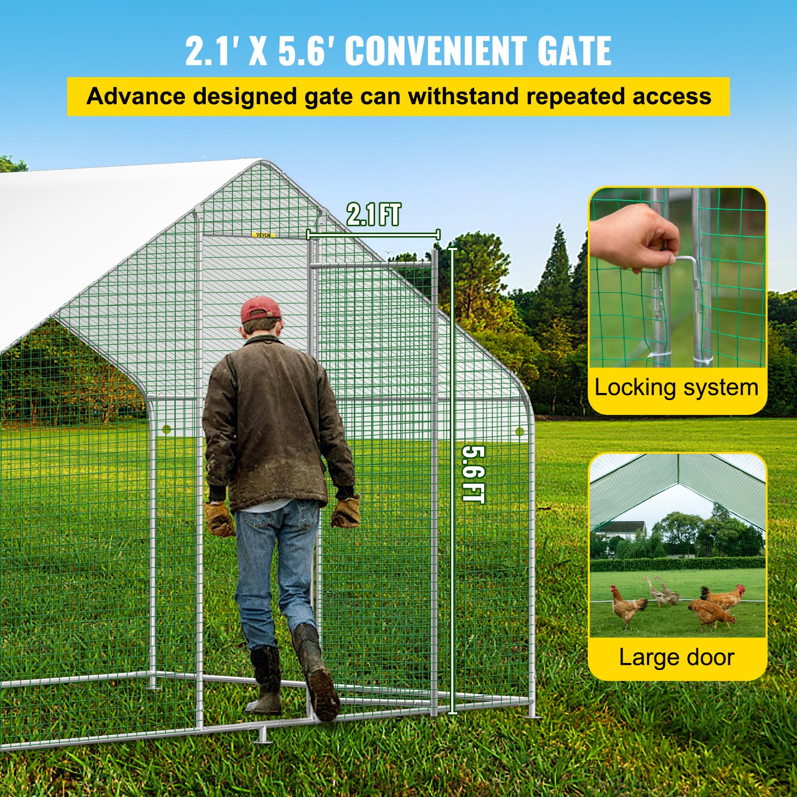 VEVOR Large Metal Chicken Coop Hen Run House Spire Walk-in Cage 6.5x9.8x6.5 ft.