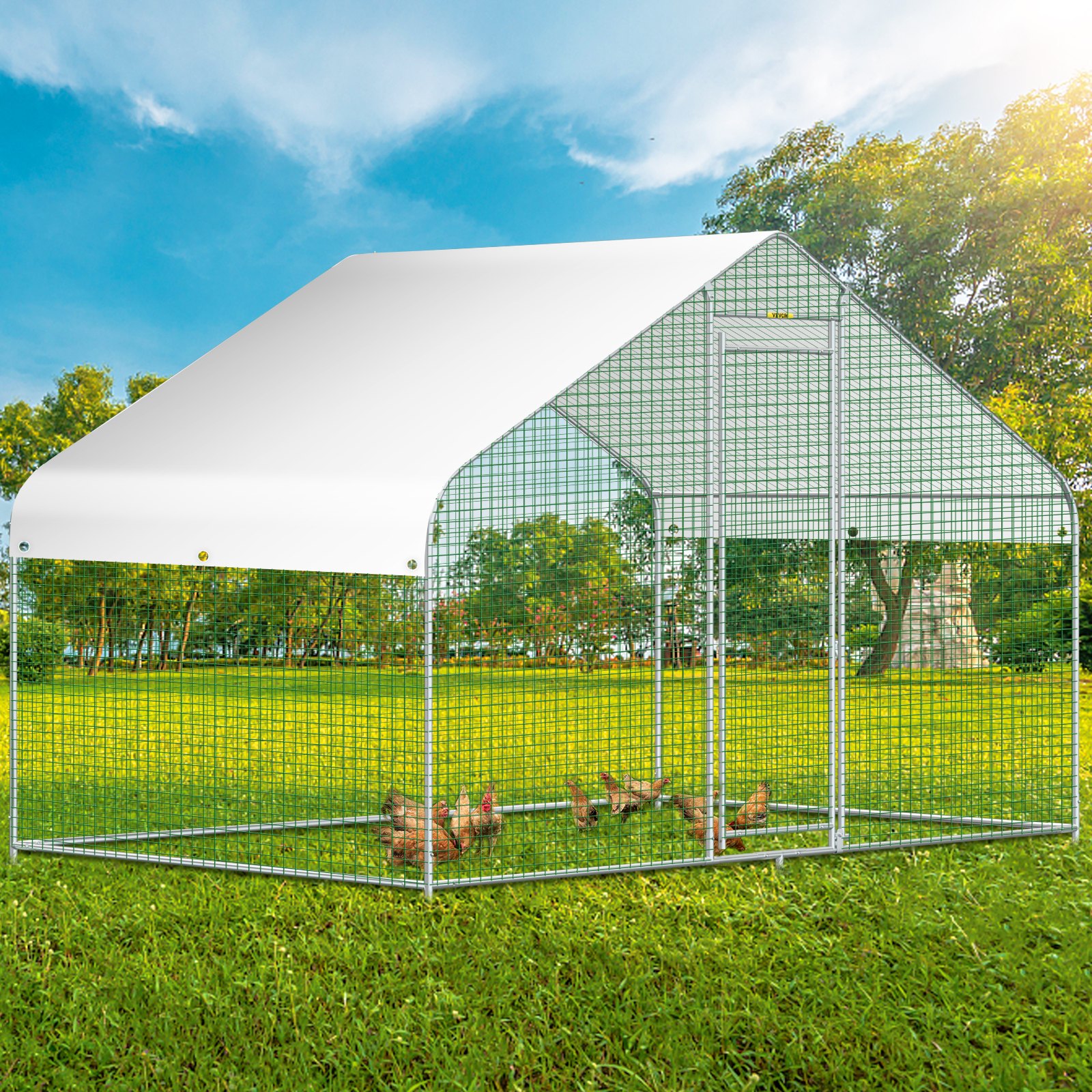 VEVOR Large Metal Chicken Coop Hen Run House Spire Walk-in Cage 6.5x9.8x6.5 ft.
