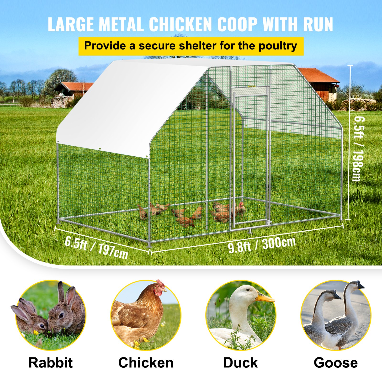 VEVOR Large Metal Chicken Coop with Run, Walkin Chicken Run for Yard with Waterproof Cover, Outdoor Poultry Cage Hen House, 6.5x9.8x6.5ft Large Space for Duck Coops and Rabbit Runs, Silver
