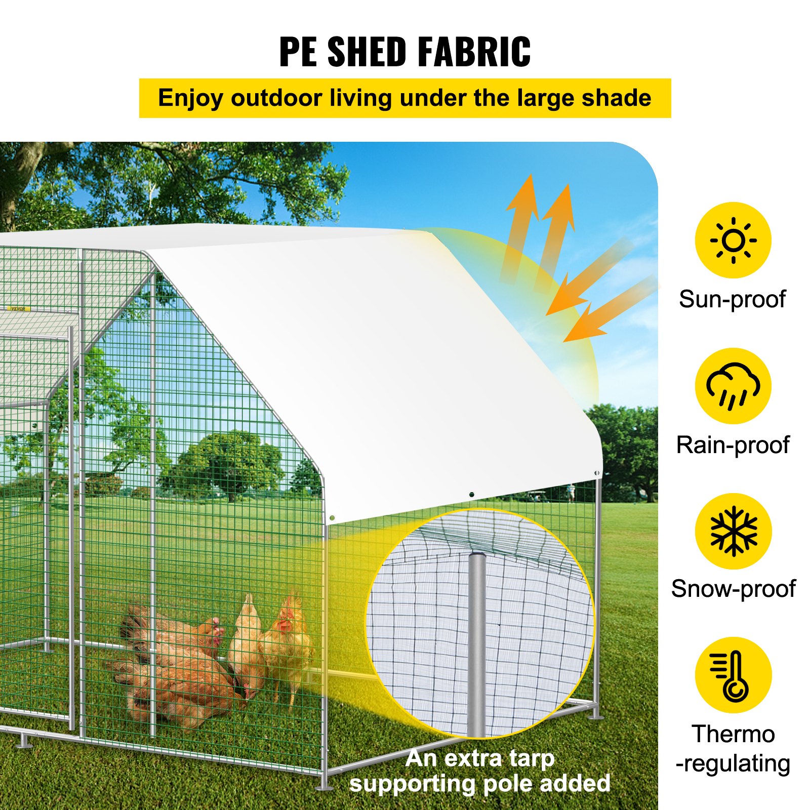 VEVOR Large Metal Chicken Coop with Run, Walkin Chicken Run for Yard with Waterproof Cover, Outdoor Poultry Cage Hen House, 6.5x9.8x6.5ft Large Space for Duck Coops and Rabbit Runs, Silver