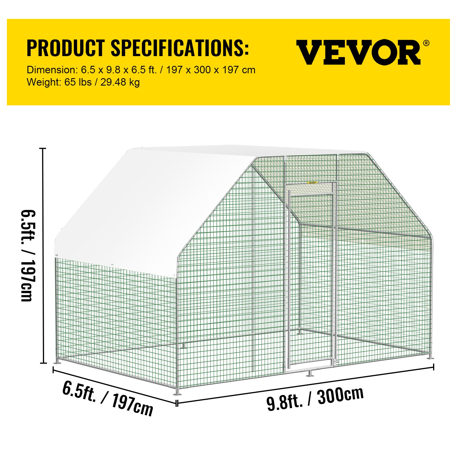 VEVOR Large Metal Chicken Coop with Run, Walkin Chicken Run for Yard with Waterproof Cover, Outdoor Poultry Cage Hen House, 6.5x9.8x6.5ft Large Space for Duck Coops and Rabbit Runs, Silver