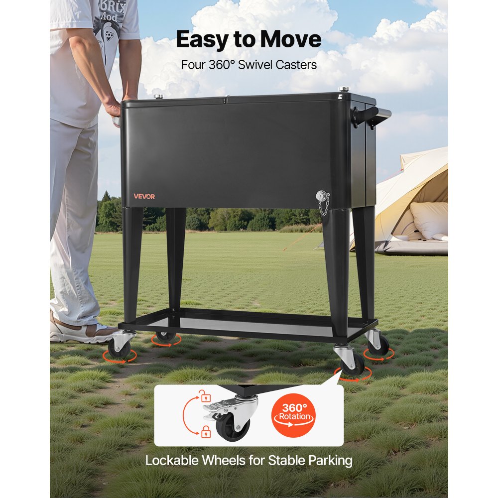 VEVOR 80 Quart Rolling Ice Chest, Holds up to 50 Bottles / 110 Cans, Portable Patio Party Bar Drink Cooler Cart with Bottom Shelf, Beverage Pool with Side Basket and Bottle Opener, Black