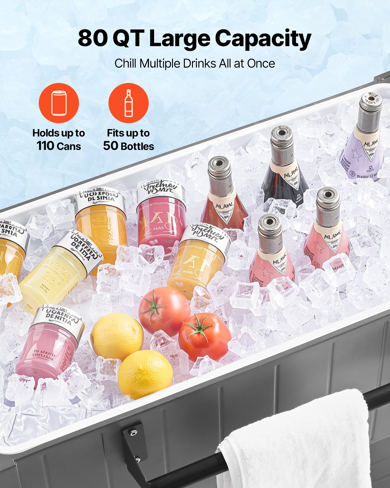 VEVOR 80QT Rolling Ice Chest, Holds up to 50 Bottles / 110 Cans, Portable Patio Party Bar Drink Cooler Cart with Bottom Shelf & Foldable Side Shelves, Beverage Pool with Swivel Wheels & Bottle Opener