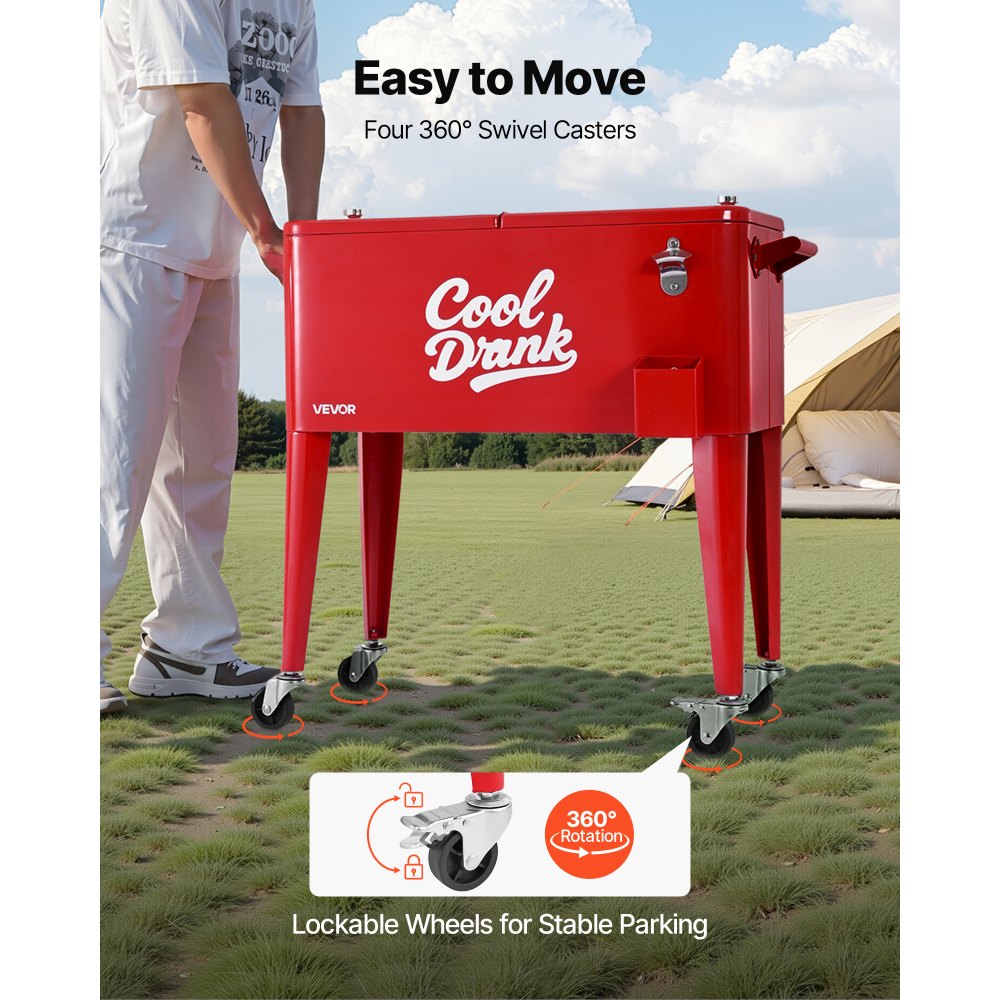 VEVOR 80 Quart Rolling Ice Chest, Holds up to 50 Bottles / 110 Cans, Portable Patio Party Bar Drink Cooler Cart with 4 Swivel Casters (2 with Brakes), Beverage Cooler Trolley with Bottle Opener, Red