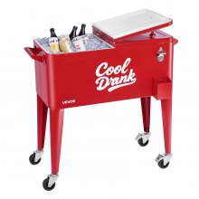 VEVOR 80 Quart Rolling Ice Chest on Wheels Patio Party Bar Drink Cooler Cart Red