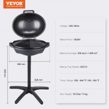 VEVOR Indoor/Outdoor Electric Grill, 1800W 200sq.in Electric BBQ Grill with Zone Grilling Surface, Removable Stand, Non-stick Patio Grill with Adjustable Temperature for Party Camping Yard