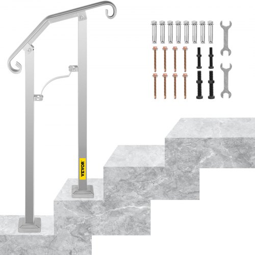 VEVOR Outdoor Stair Railing, Alloy Metal Hand Railing, Fit 1 or 2 Steps Flexible Transitional Handrail, Black Outdoor Stair Rail W/ Installation Kit, Step Handrail for Concrete or Wooden Stairs