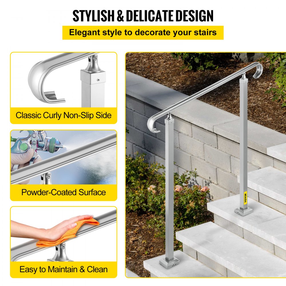 VEVOR Outdoor Stair Railing, Alloy Metal Hand Railing, Fit 2 or 3 Steps Flexible Transitional Handrail, Black Outdoor Stair Rail W/ Installation Kit, Step Handrail for Concrete or Wooden Stairs