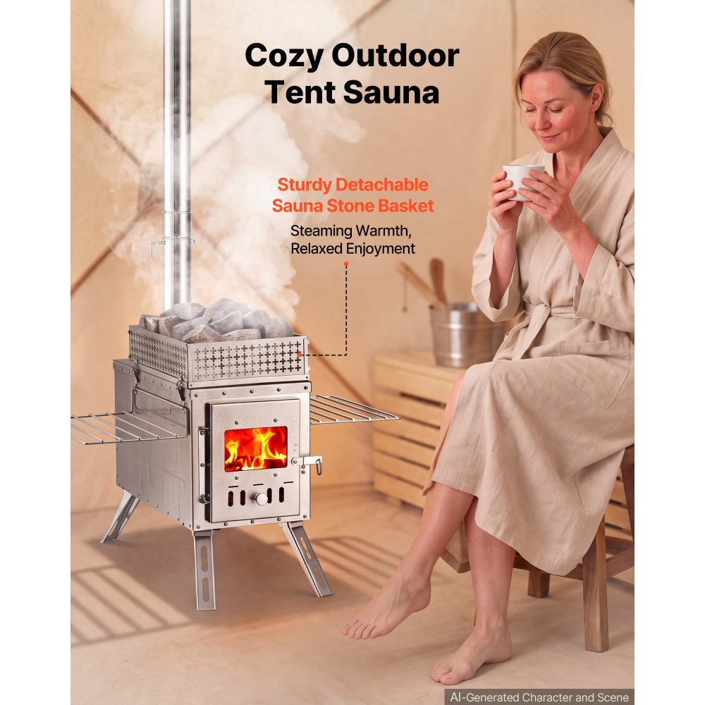 VEVOR Wood Stove Portable Sauna Hot Tent Rocket Stove Stainless Steel, for Dry Sauna Heating Outdoor Camping, with Detachable Stone Box, Extended Chimney Pipes, and Heat-Resistant Glass Window