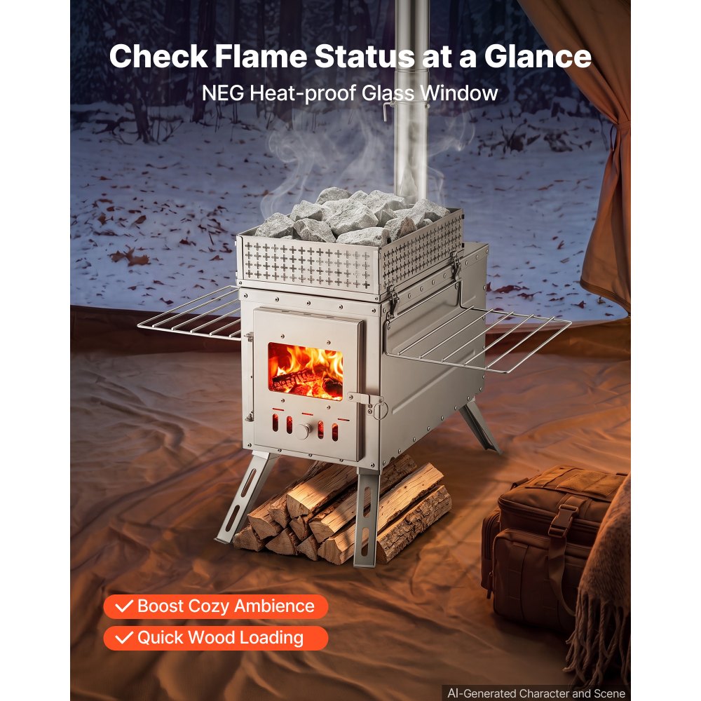 VEVOR Wood Stove Portable Sauna Hot Tent Rocket Stove Stainless Steel, for Dry Sauna Heating Outdoor Camping, with Detachable Stone Box, Extended Chimney Pipes, and Heat-Resistant Glass Window