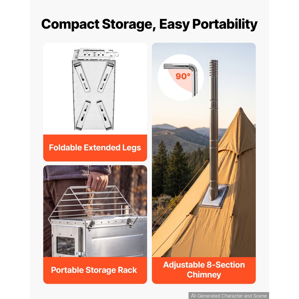 VEVOR Wood Stove Portable Sauna Hot Tent Rocket Stove Stainless Steel, for Dry Sauna Heating Outdoor Camping, with Detachable Stone Box, Extended Chimney Pipes, and Heat-Resistant Glass Window