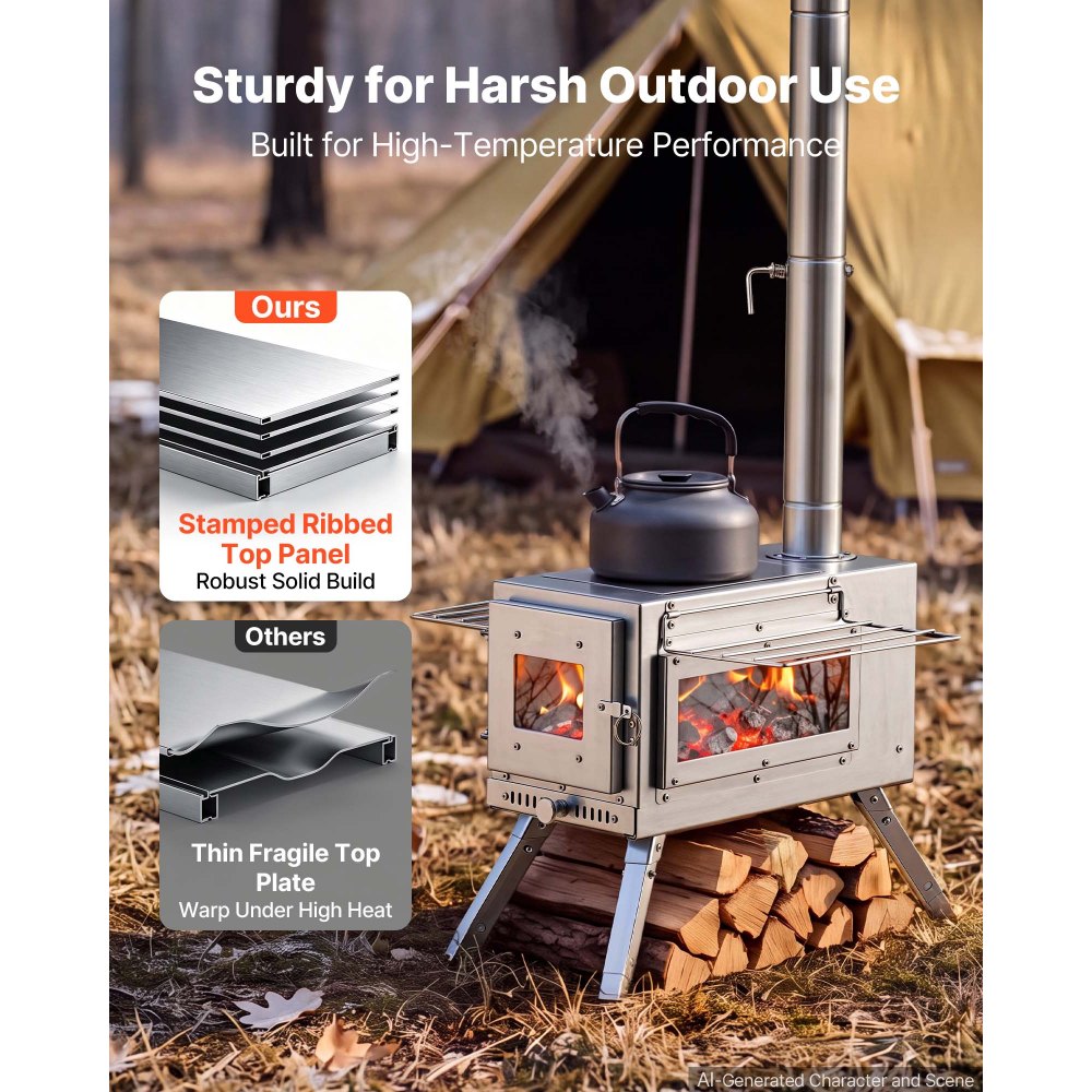 VEVOR Wood Stove Portable Wood Burning Camping Tent Stove Stainless Steel, for Outdoor Heating Cooking Drying, with Extended Chimney Pipes, Ash Drawer, Heat-Resistant Glass Window, Gloves, Carry Bag