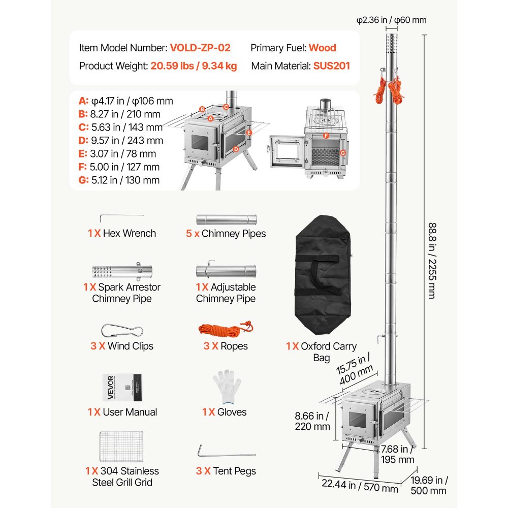 VEVOR Wood Stove Portable Wood Burning Camping Tent Stove Stainless Steel, for Outdoor Heating Cooking Drying, with Extended Chimney Pipes, Ash Drawer, Heat-Resistant Glass Window, Gloves, Carry Bag