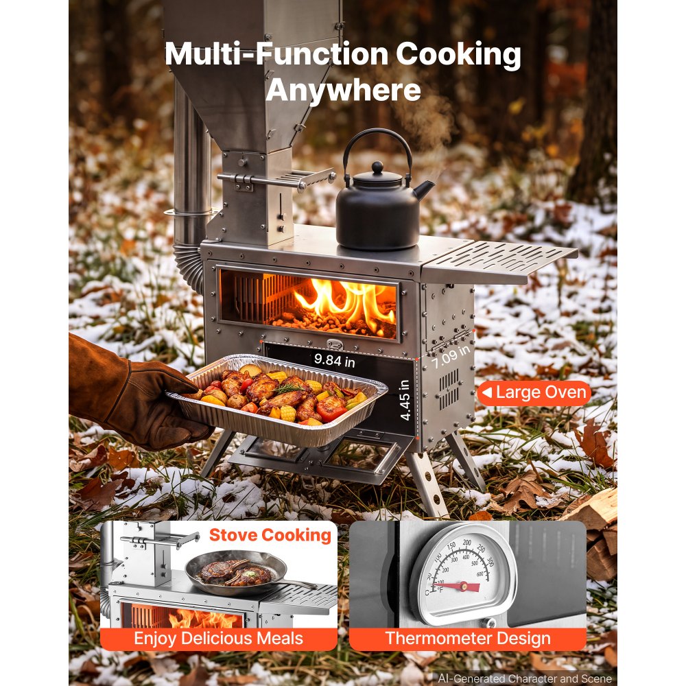 VEVOR Wood Stove Outdoor Pellet Stove with Oven Pellet and Wood Burning, for Outdoor Camping Cooking and Heating, Stainless Steel Body, with Chimney Pipes, Gloves, Carry Bag, and Detachable Shelf