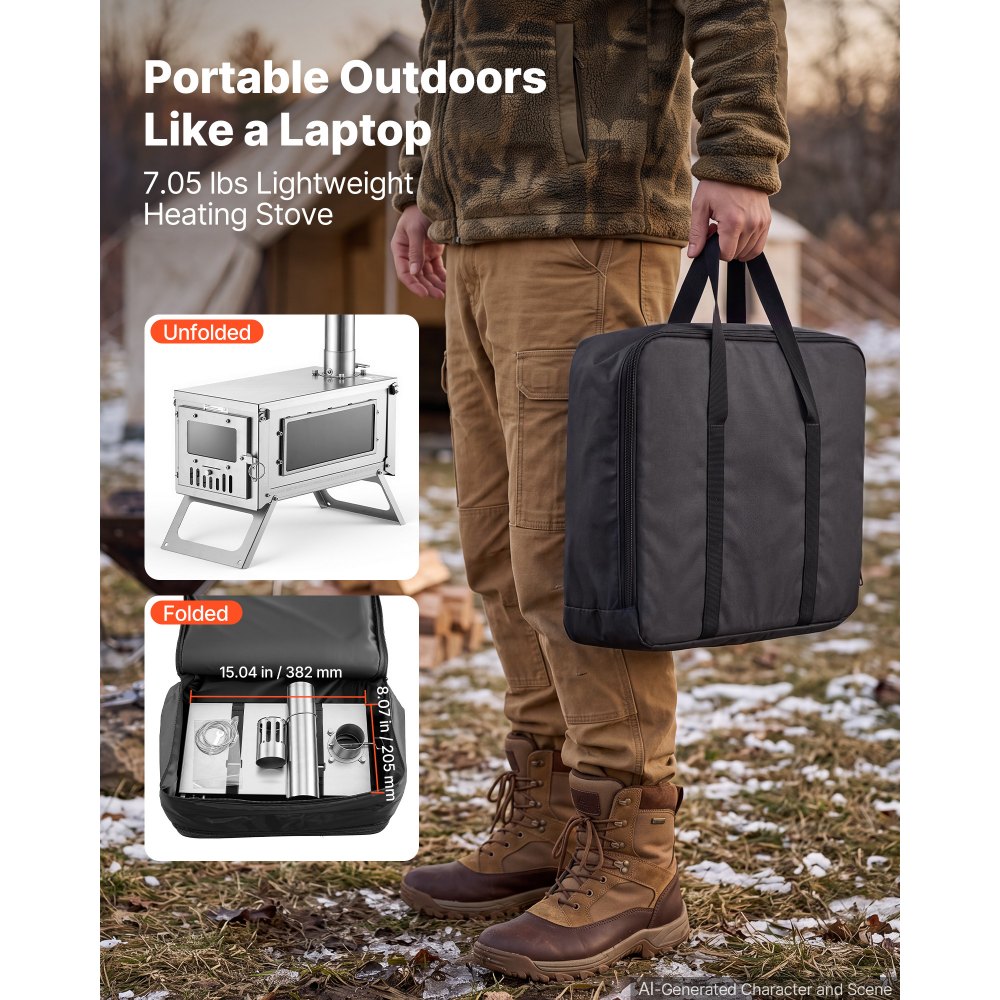 VEVOR Wood Stove Foldable Portable Titanium Wood Burning Camping Tent Stove, for Outdoor Heating and Cooking, 3.2 kg Lightweight, with Telescopic Retractable Chimney and Heat-Resistant Glass Window