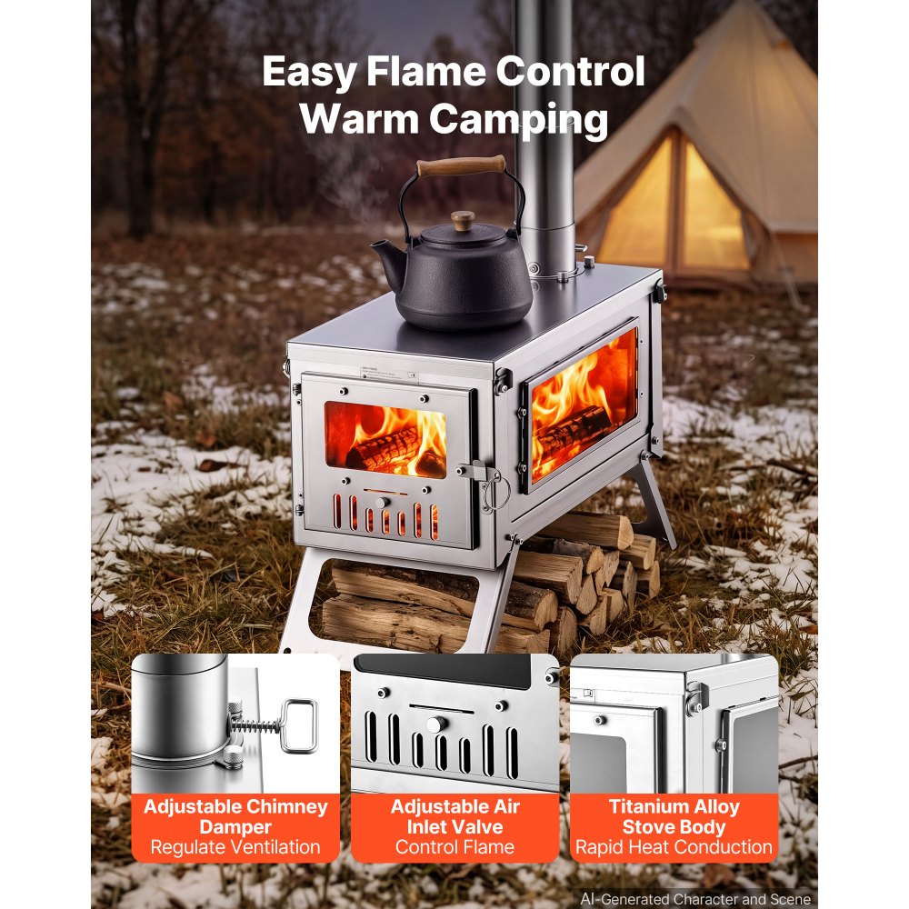 VEVOR Wood Stove Foldable Portable Titanium Wood Burning Camping Tent Stove, for Outdoor Heating and Cooking, 3.2 kg Lightweight, with Telescopic Retractable Chimney and Heat-Resistant Glass Window