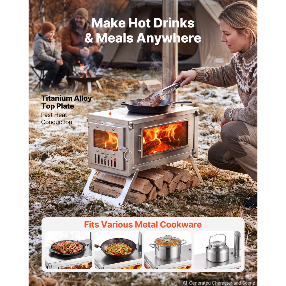 VEVOR Wood Stove Foldable Portable Titanium Wood Burning Camping Tent Stove, for Outdoor Heating and Cooking, 3.2 kg Lightweight, with Telescopic Retractable Chimney and Heat-Resistant Glass Window