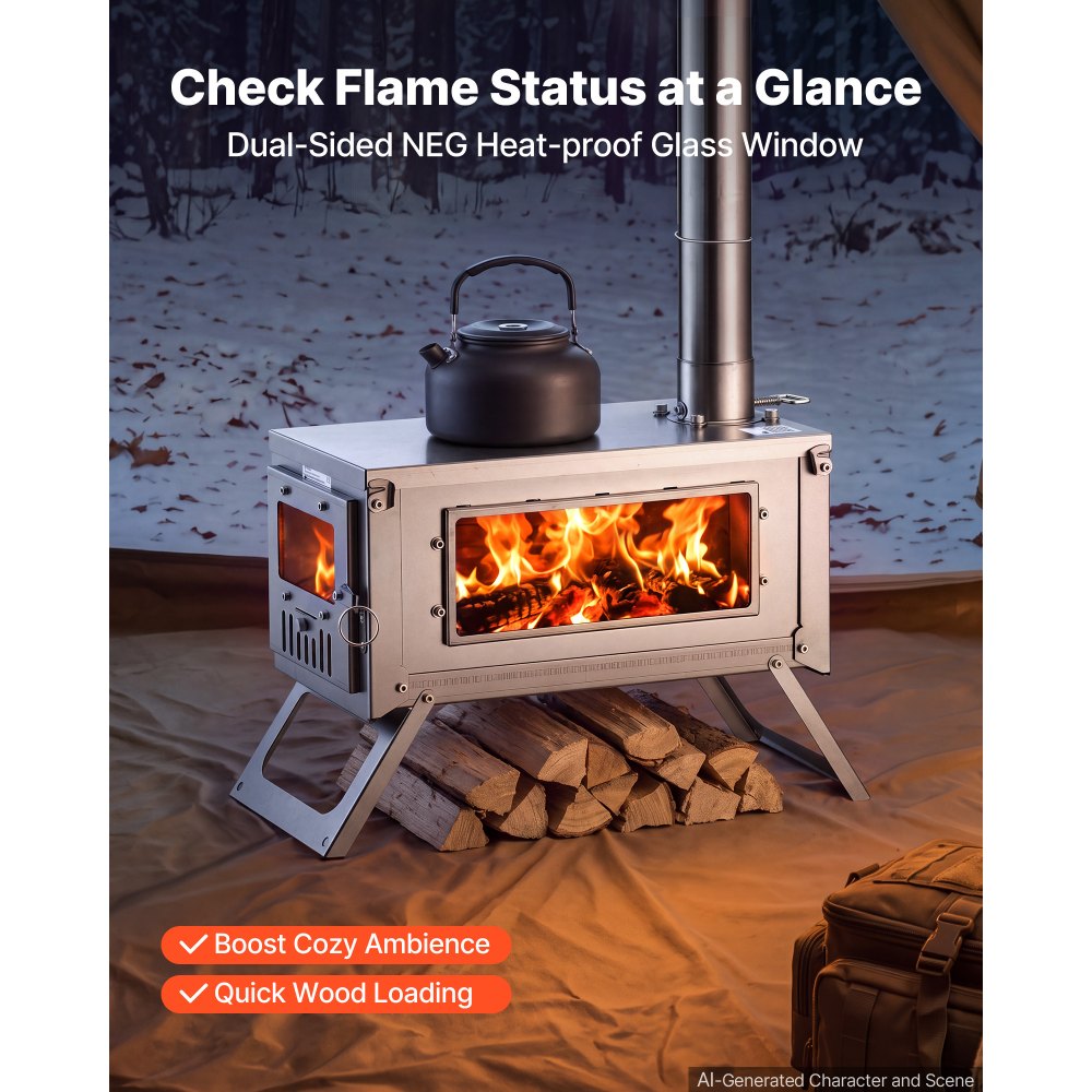 VEVOR Wood Stove Foldable Portable Titanium Wood Burning Camping Tent Stove, for Outdoor Heating and Cooking, 3.2 kg Lightweight, with Telescopic Retractable Chimney and Heat-Resistant Glass Window