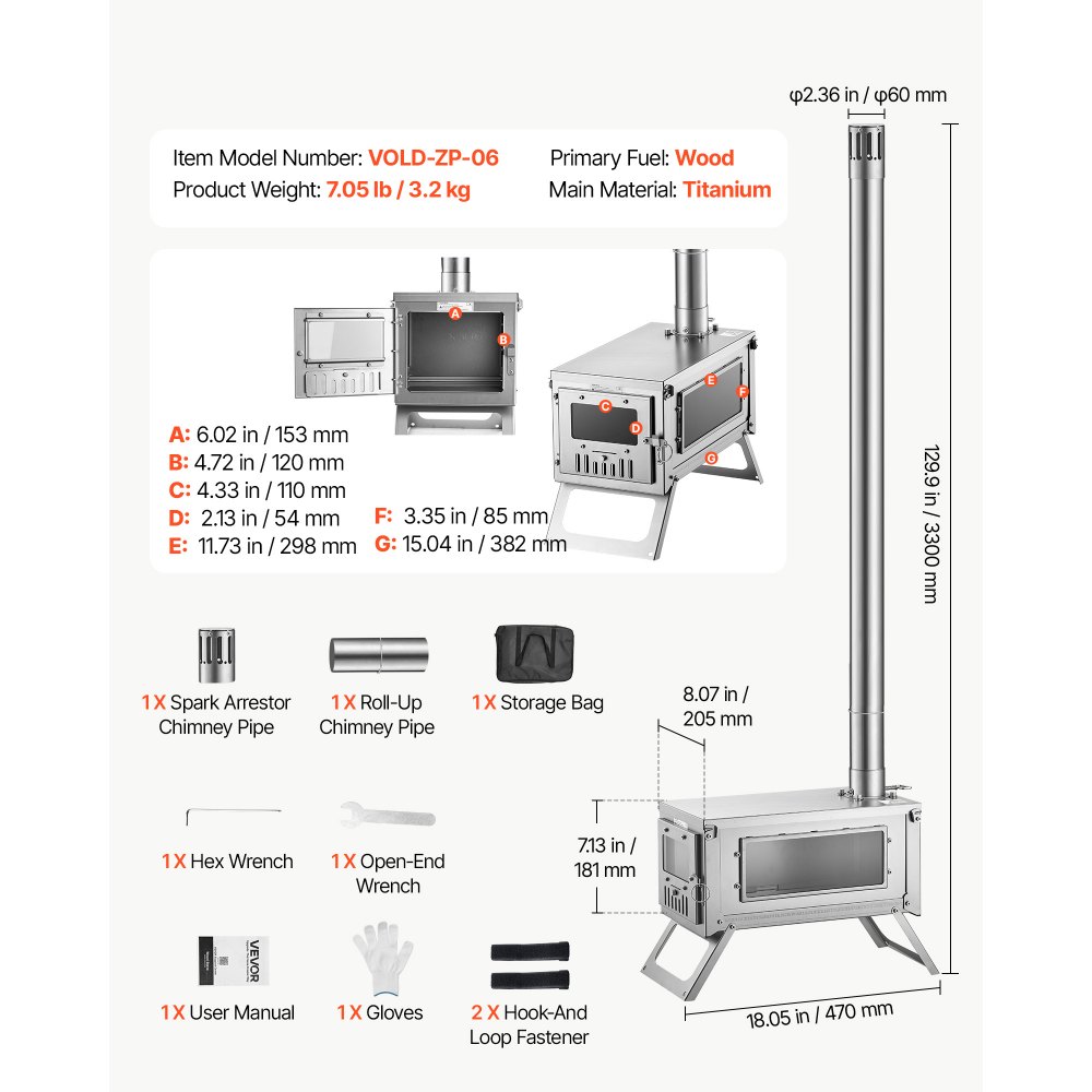 VEVOR Wood Stove Foldable Portable Titanium Wood Burning Camping Tent Stove, for Outdoor Heating and Cooking, 3.2 kg Lightweight, with Telescopic Retractable Chimney and Heat-Resistant Glass Window