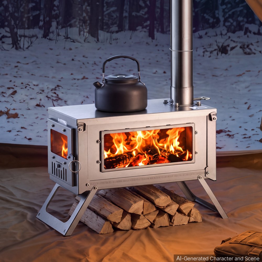 VEVOR Wood Stove Foldable Portable Titanium Wood Burning Camping Tent Stove, for Outdoor Heating and Cooking, 3.2 kg Lightweight, with Telescopic Retractable Chimney and Heat-Resistant Glass Window