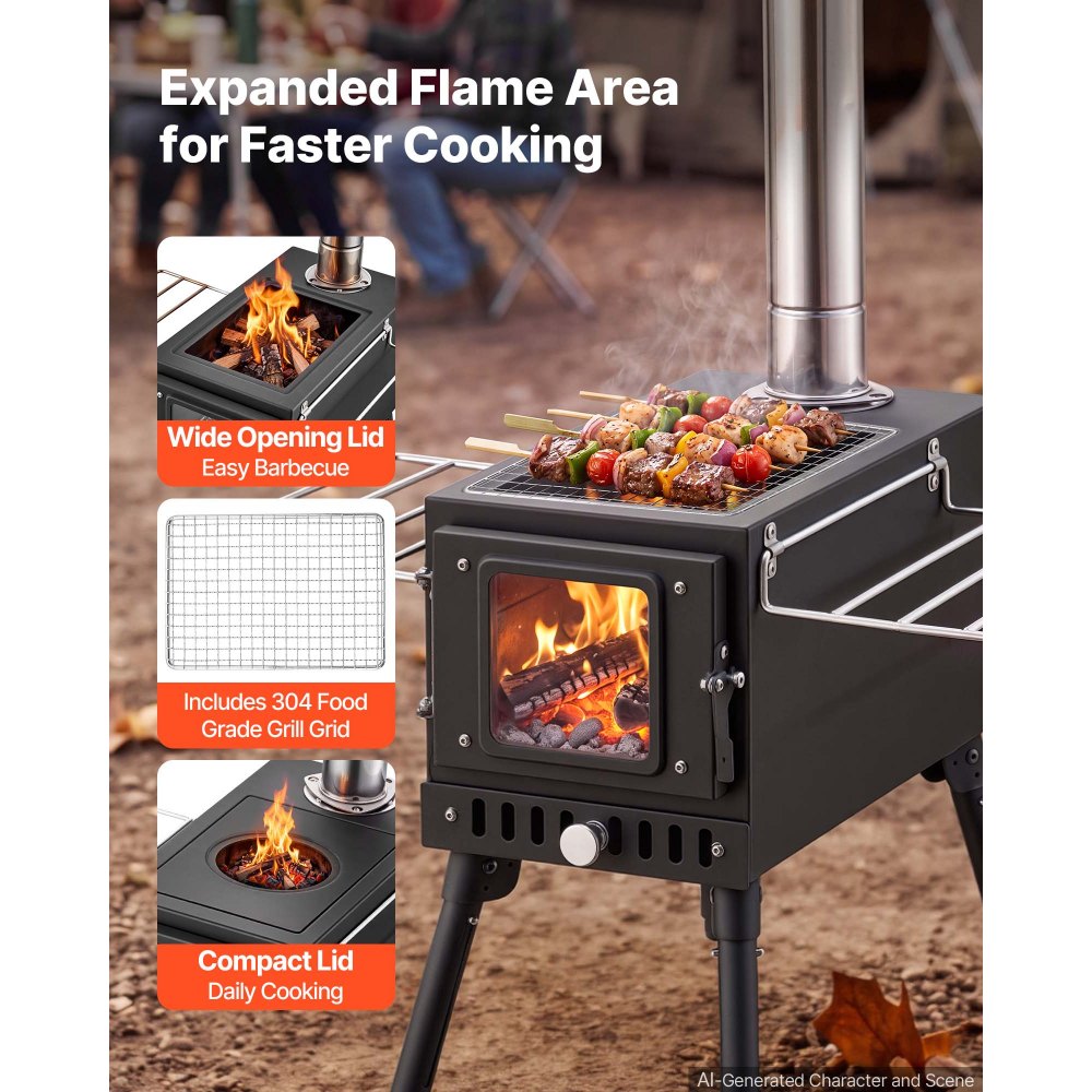 VEVOR Wood Stove Portable Wood Burning Camping Tent Stove Carbon Steel, for Outdoor Heating Cooking Drying, with Extended Chimney Pipes, Separate Ash Drawer, Heat-Resistant Glass Window, Gloves