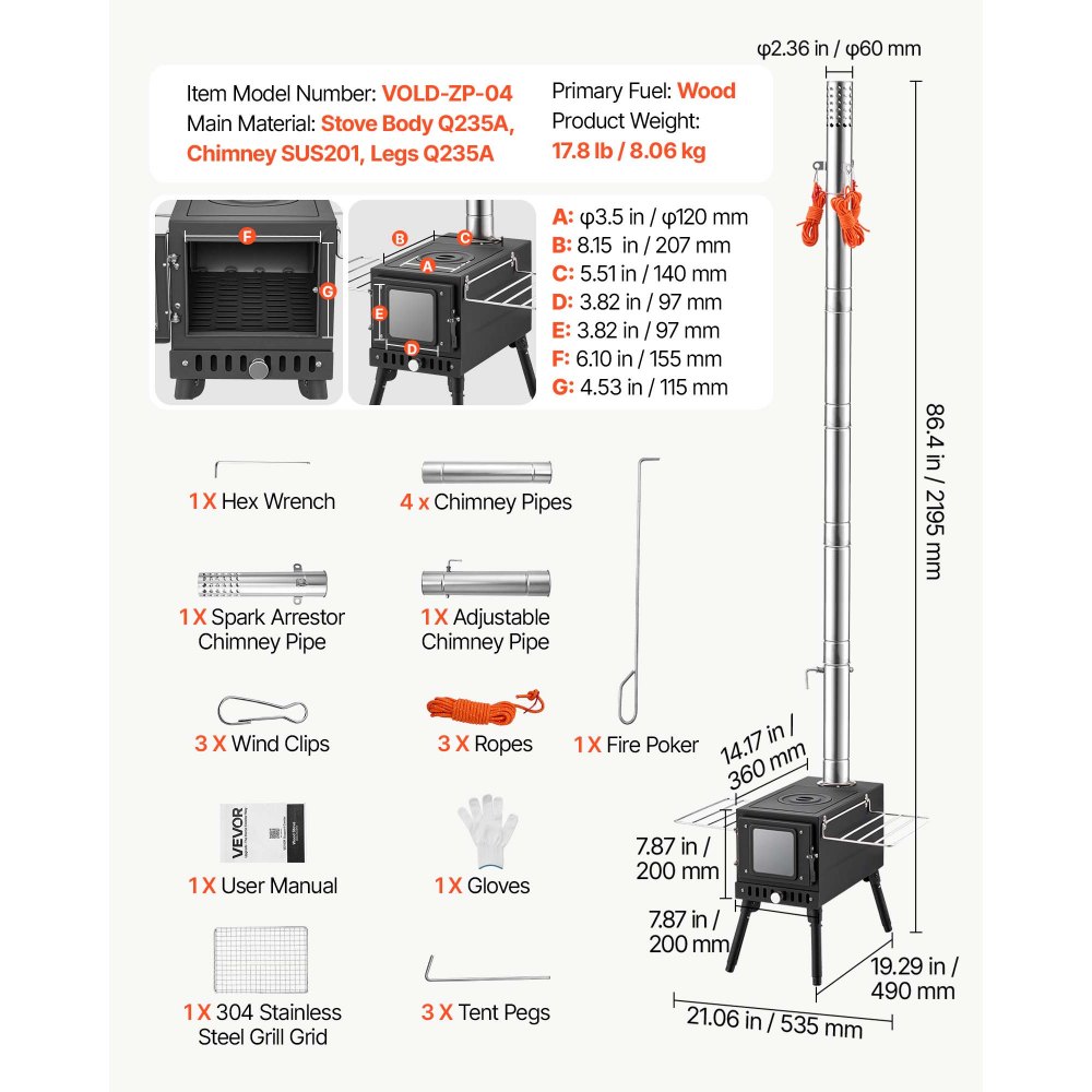 VEVOR Wood Stove Portable Wood Burning Camping Tent Stove Carbon Steel, for Outdoor Heating Cooking Drying, with Extended Chimney Pipes, Separate Ash Drawer, Heat-Resistant Glass Window, Gloves