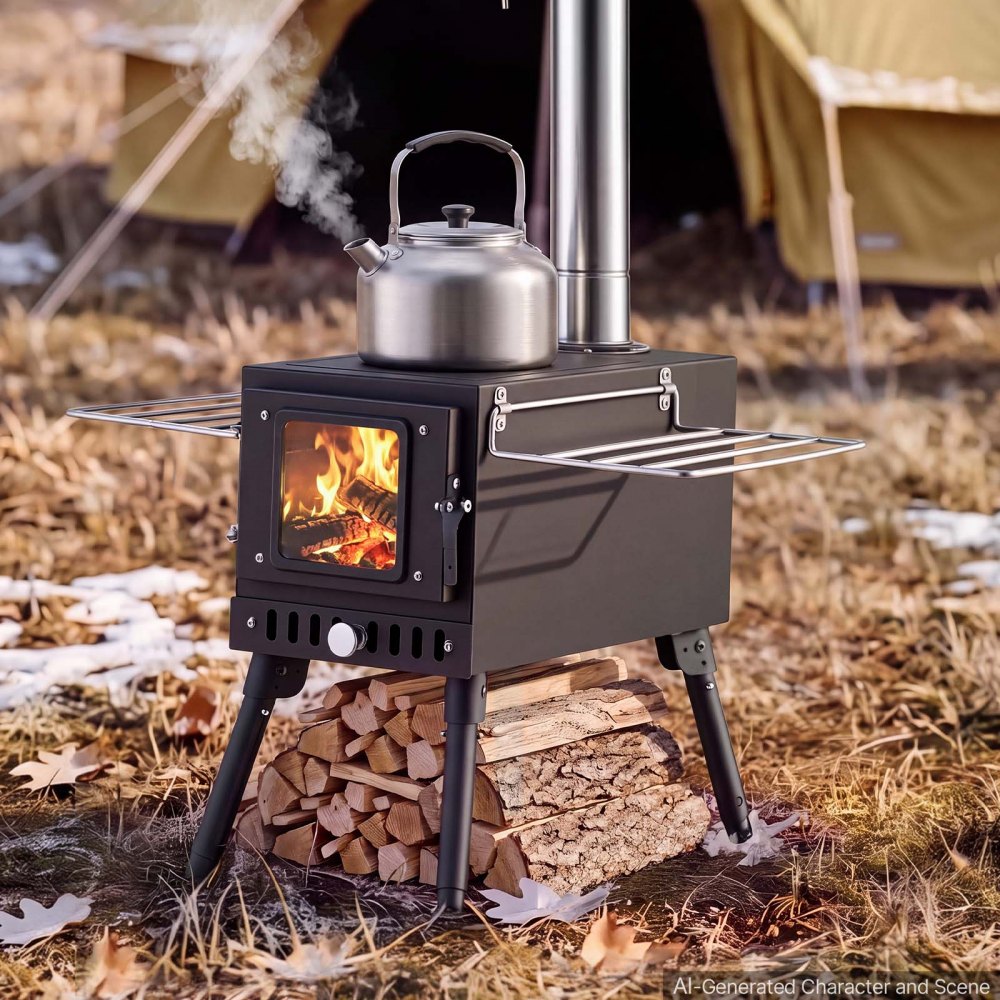 VEVOR Wood Stove Portable Wood Burning Camping Tent Stove Carbon Steel, for Outdoor Heating Cooking Drying, with Extended Chimney Pipes, Separate Ash Drawer, Heat-Resistant Glass Window, Gloves